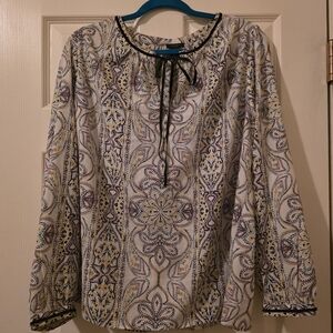 Ann Taylor paisley print long-sleeve blouse with a keyhole neckline.